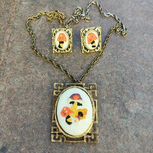 Petit Point Mushroom Pinback Pendant W/ Chain and Matching Clip on Earrings MCM